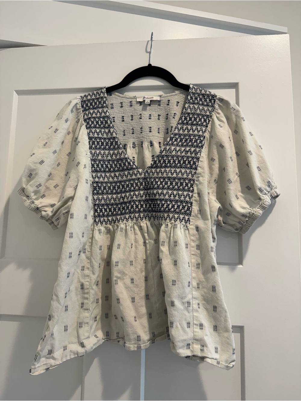 Madewell Cream Peasant Top with Navy Smocked V-Panel